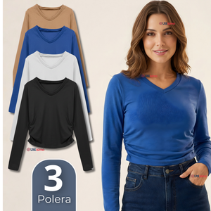 Pack 3 Camisetas Polar Polera Cuello V Mujer Manga Larga Tela Acanalada Colores Surtidos