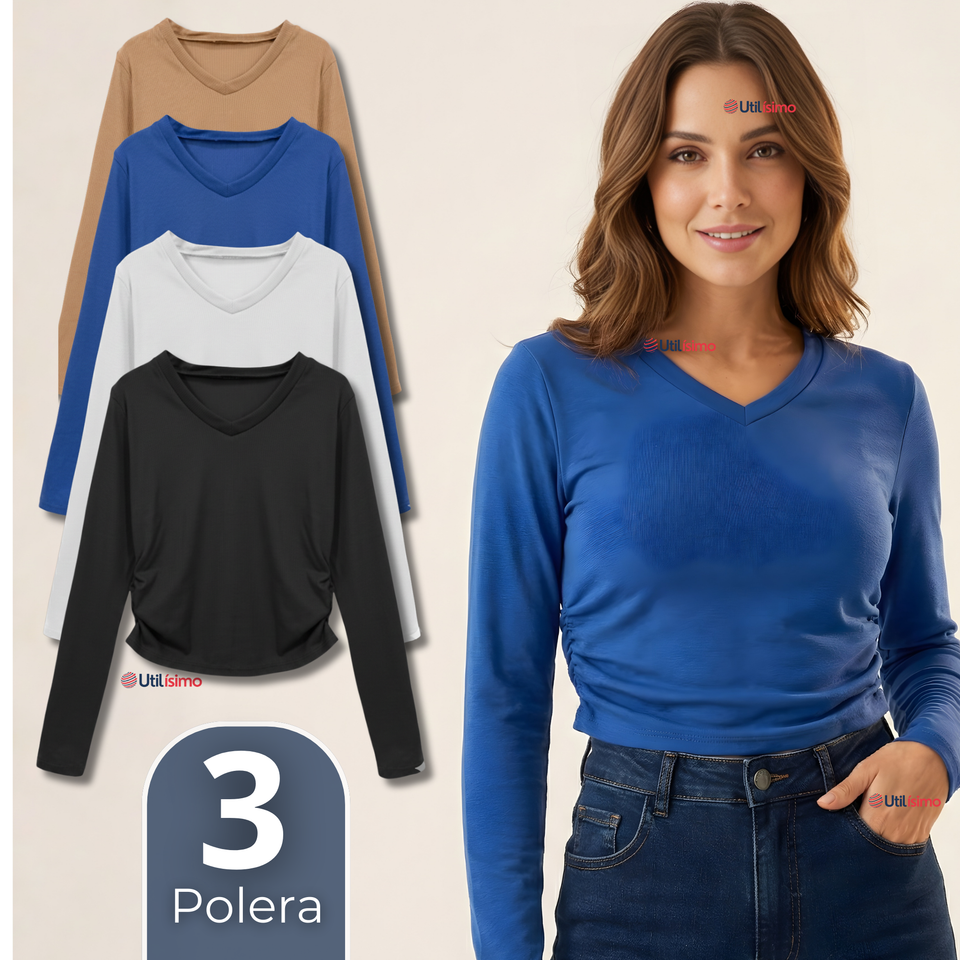 Pack 3 Camisetas Polar Polera Cuello V Mujer Manga Larga Tela Acanalada Colores Surtidos