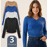 Pack 3 Camisetas Polar Polera Cuello V Mujer Manga Larga Tela Acanalada Colores Surtidos