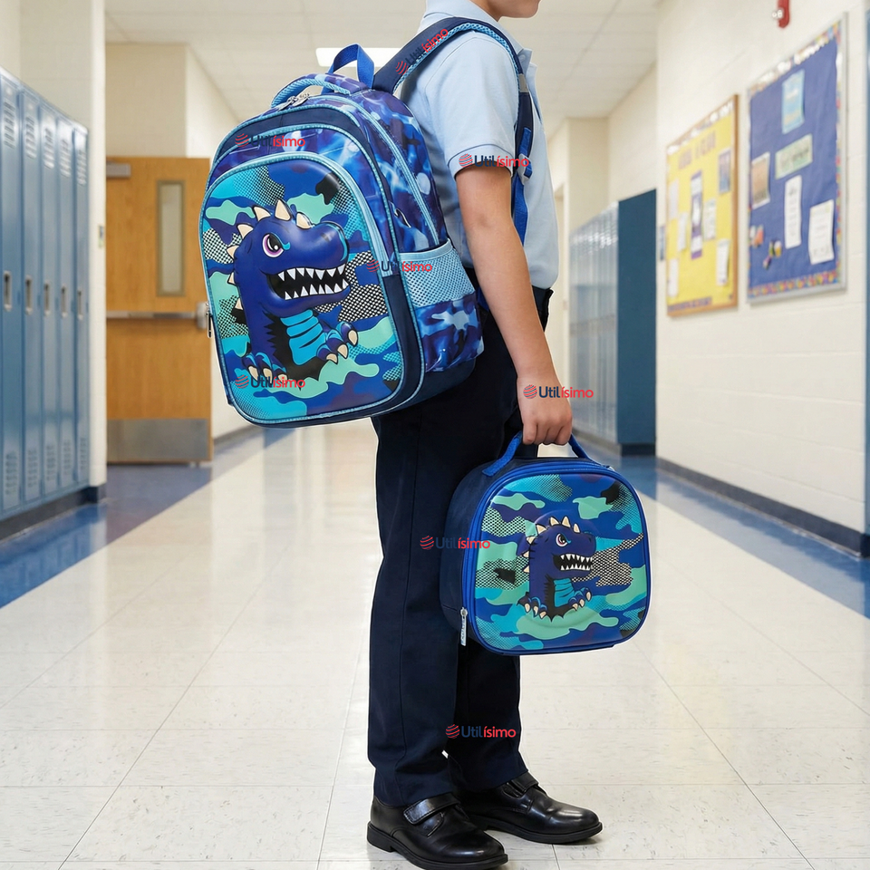 Mochila Escolar + Estuche + Lonchera 40cm Tela Oxford Azul Dinosaurio 3D Niño