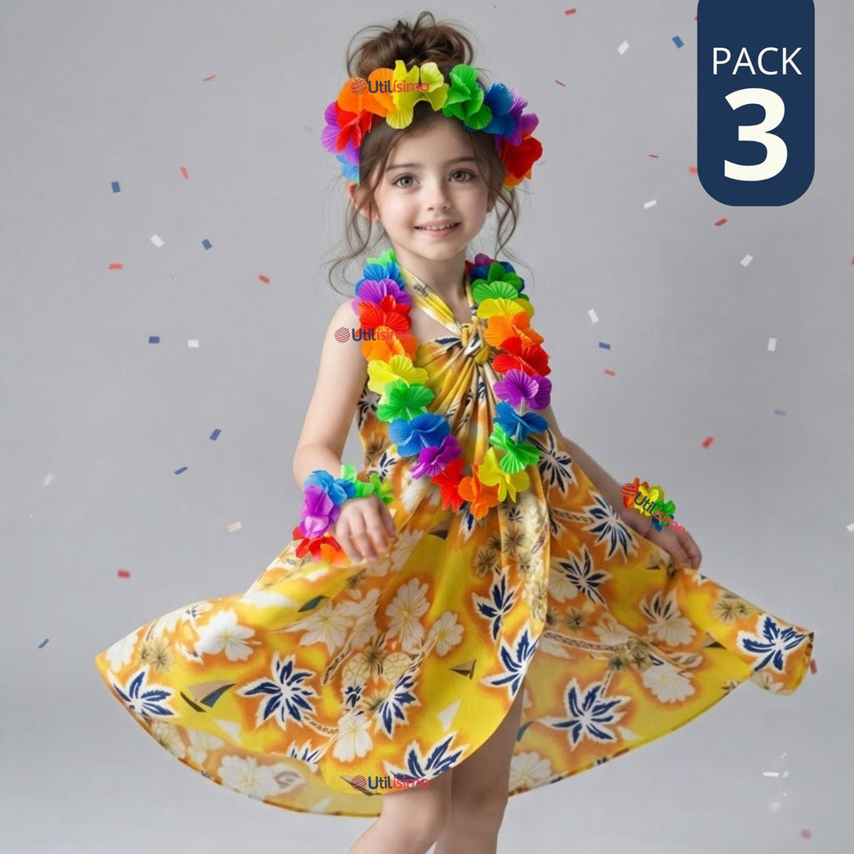 Pack 3 Trajes Páscuense Pareo Hawaiano Amarillo Niña Con Accesorios