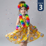 Pack 3 Trajes Páscuense Pareo Hawaiano Amarillo Niña Con Accesorios