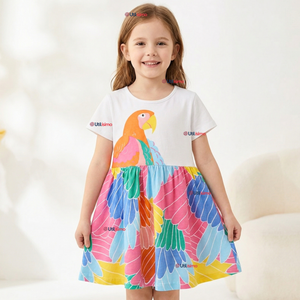 Vestido Manga Corta Casual Loro Multicolor Verano Niña 2 a 7 años