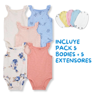 Pack 5 Unidades Extensor Body Bebé +Pack 5 Bodys Algodón Niña Sin Mangas Blanco Flores