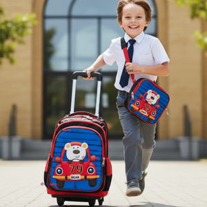 Mochila Escolar Con Ruedas + Estuche + Lonchera Poliéster Oso Niño