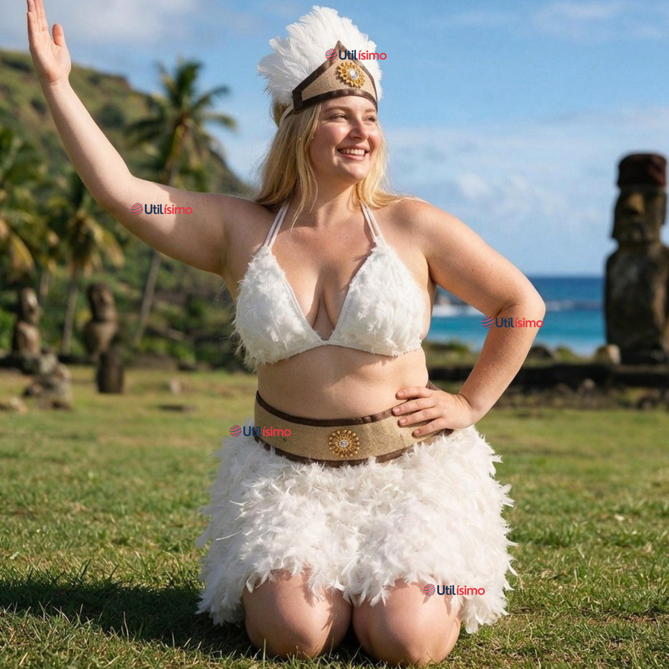 Traje Pascuense Típico Blanco Con Plumas 3 Piezas Juvenil Rapa Nui Fiestas Patrias