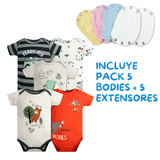 Pack 5 Unidades Extensor Body Bebé +Pack 5 Bodys Manga Corta Algodón Niño Oso amistoso
