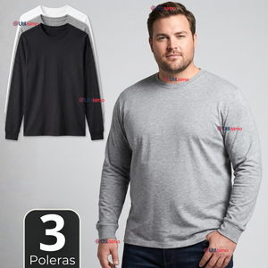 Pack 3 Camisetas Poleras Algodón Manga Larga Cuello Redondo Primera Capa Hombre