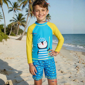 Traje de Baño Manga Larga Pantalón Corto 2 Piezas Corte Split Niño 3 a 9 años Blue Penguin