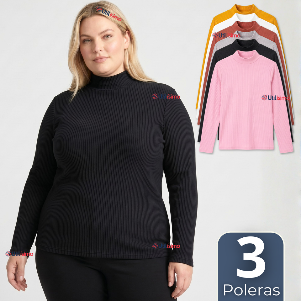 Pack 3 Camisetas Poleras Polar Primera Capa Acanalada Cuello Beatle Manga Larga Colores Surtidos Mujer
