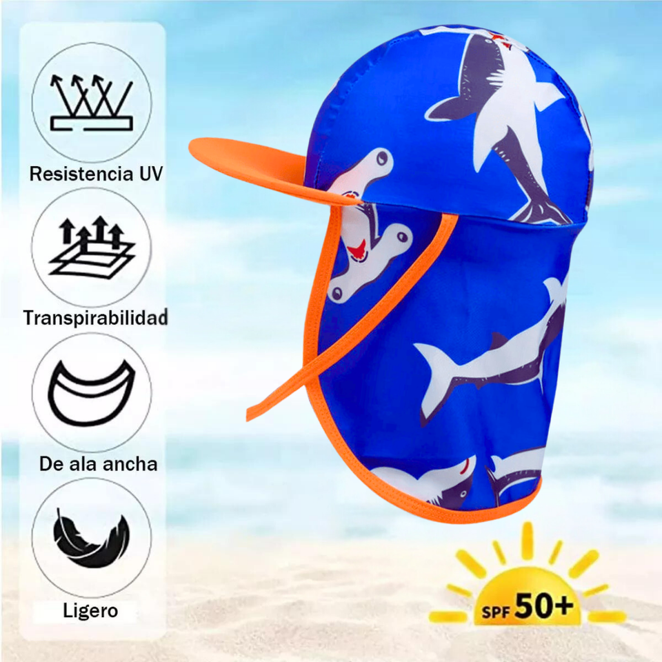 Gorro para el Sol con Solapas Protección UV Niños de 1 a 10 Años  Azul Tiburones