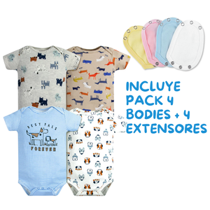 Pack 4 Unidades Extensor Body Bebé +Pack 4 Bodys Algodón Niño Manga Corta Cachorros Coloridos