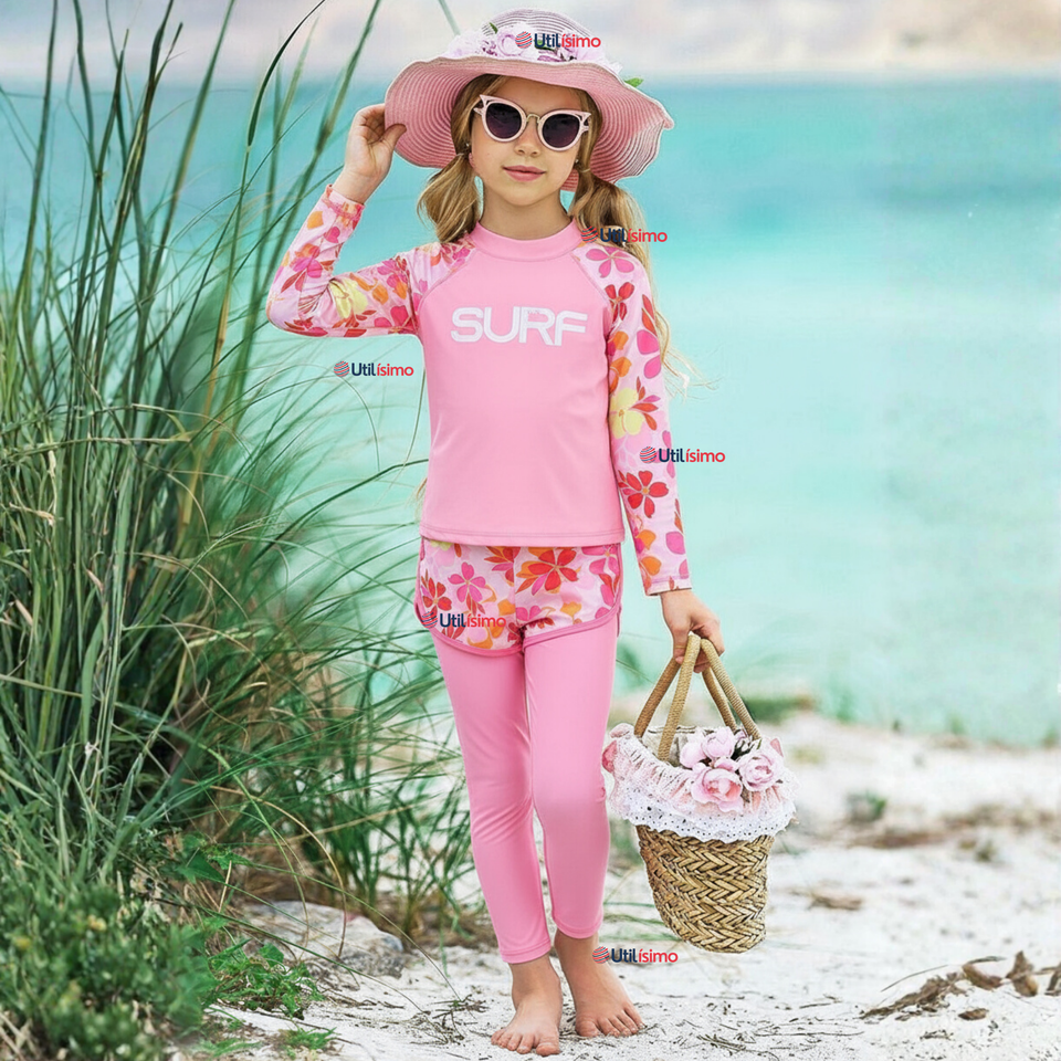Traje de Baño Manga Larga Pantalón Largo Pantalón Corto 3 Piezas Corte Split Niña 3 a 11 años Pink Flowers