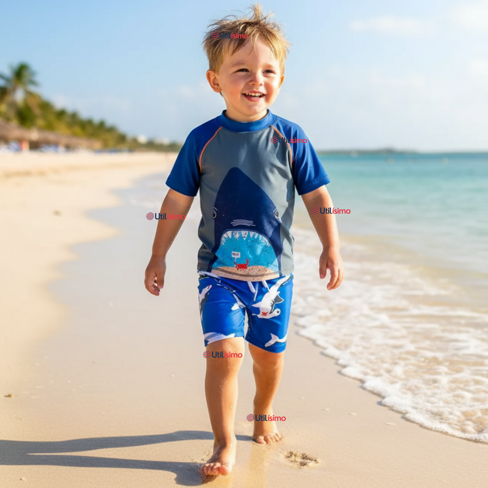 Traje de Baño Pantalón Corto Manga Corta 2 Piezas Corte Split Niño 2 a 4 años Blue Shark