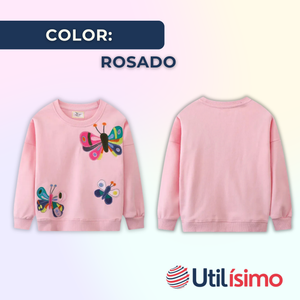 Poleron Cuello Redondo Niña Rosado Mariposa