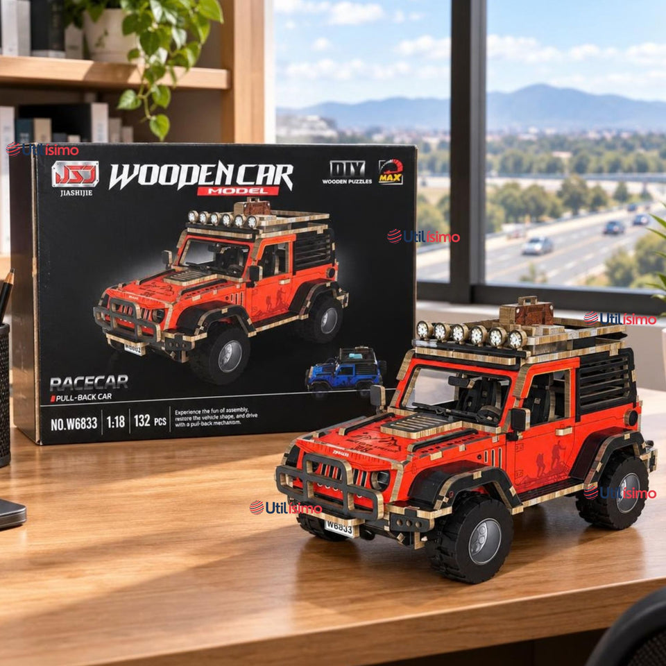 Puzzle 3D Jeep 4x4 Rojo de Madera 132 Piezas Juguete Armable