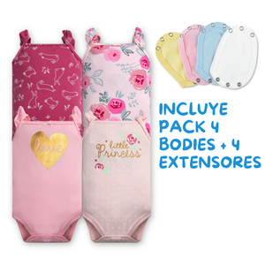 Pack 4 Unidades Extensor Body Bebé +Pack 4 Bodys Algodón Niña Manga Corta Rosa Little Princess