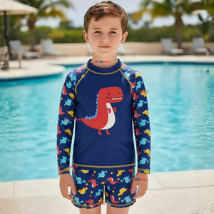Traje de Baño Manga Larga Pantalón Corto 2 Piezas Corte Split Niño 3 a 9 años Blue Dinosaur