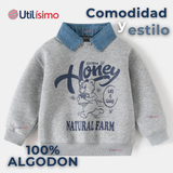 Polerón Estilo Pique Manga Larga Niño 100% Algodón Gris