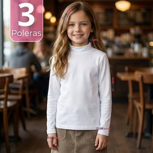 Pack 3 Poleras Camisetas Bambú Blancas Cuello Beatle Primera Capa Manga Larga Niña