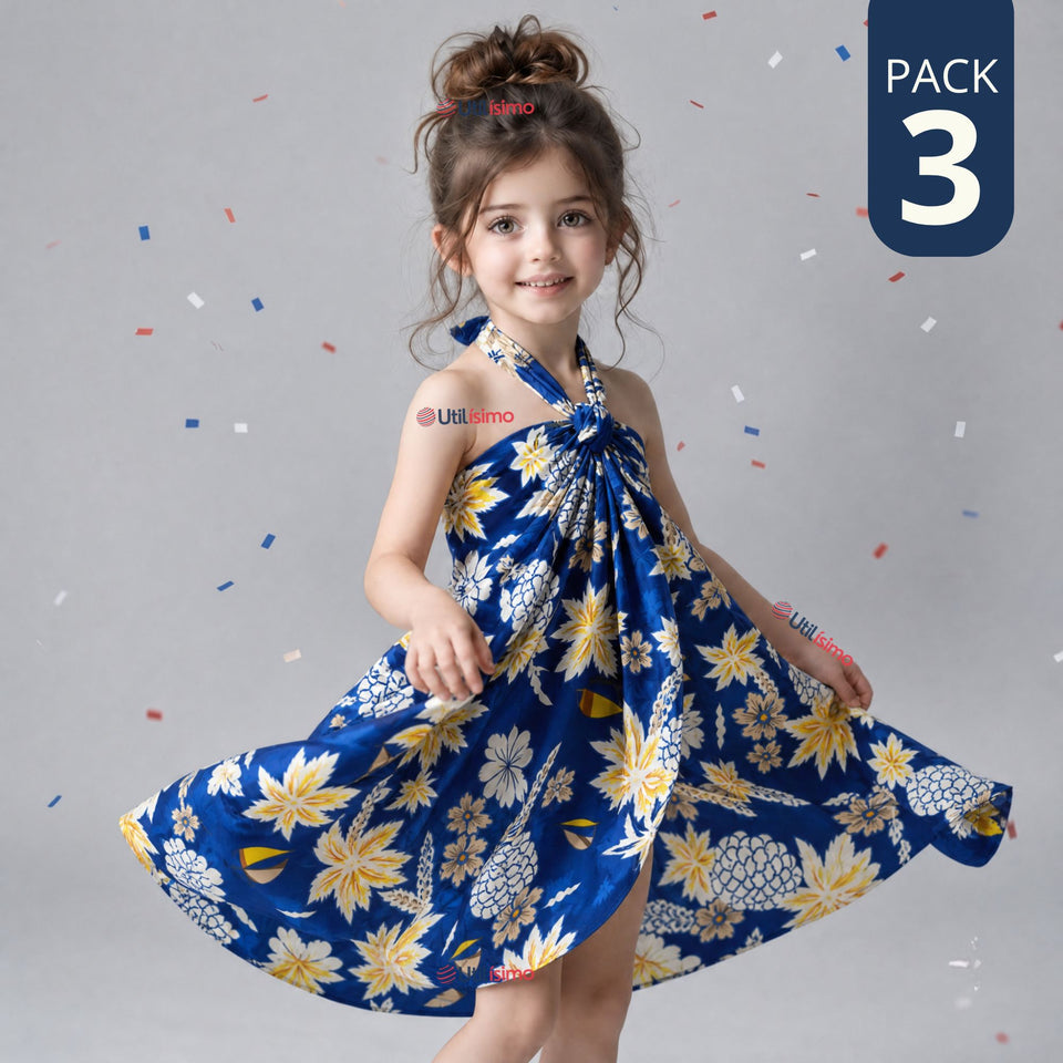 Pack 3 Pareos Pascuense Niña Hawaiano Azul Danza Fiestas Patrias