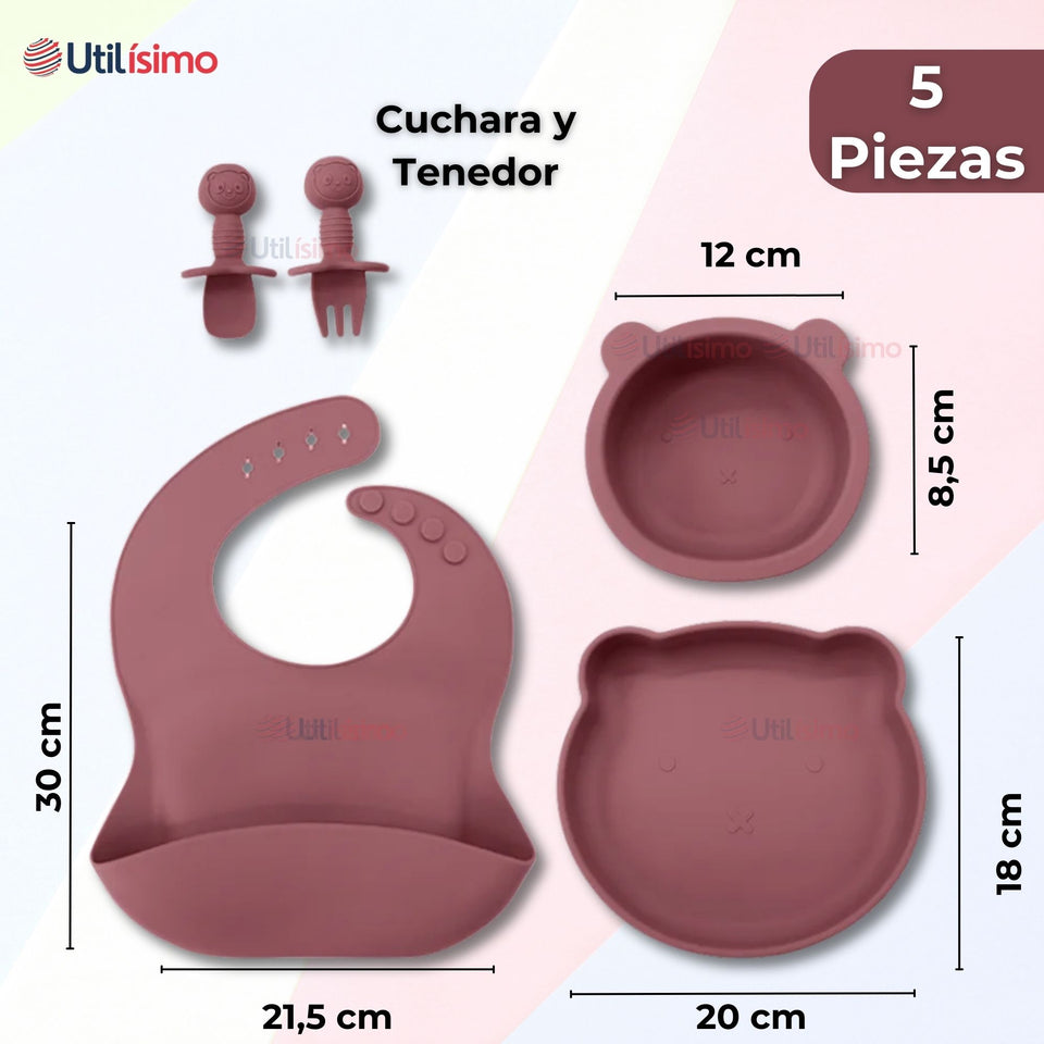 Set De Alimentación Bebé Silicona 5 Piezas De Osito Libre BPA Colores Surtidos