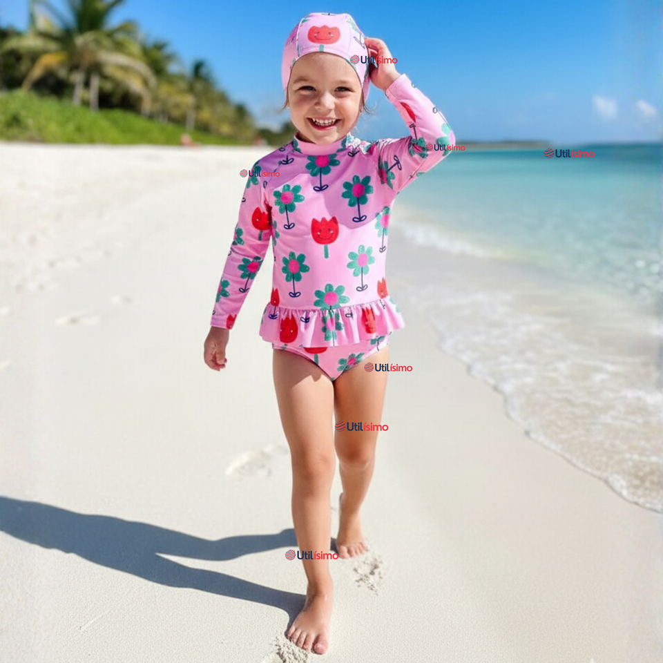 Traje de Baño Enterito Cremallera Manga Larga Con Gorro Niña 1 a 6 años Pink Flowers
