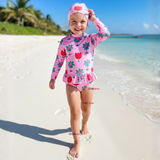 Traje de Baño Enterito Cremallera Manga Larga Con Gorro Niña 1 a 6 años Pink Flowers