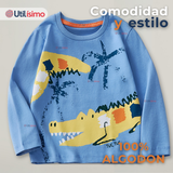 Polera Manga Larga Niño 100% Algodón Cocodrilo Azul Camiseta