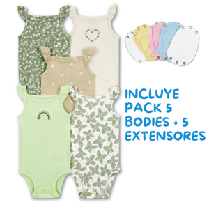 Pack 5 Unidades Extensor Body Bebé +Pack 5 Bodys Algodón Niña Sin Mangas Verde Mariposas