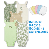 Pack 5 Unidades Extensor Body Bebé +Pack 5 Bodys Algodón Niña Sin Mangas Verde Mariposas