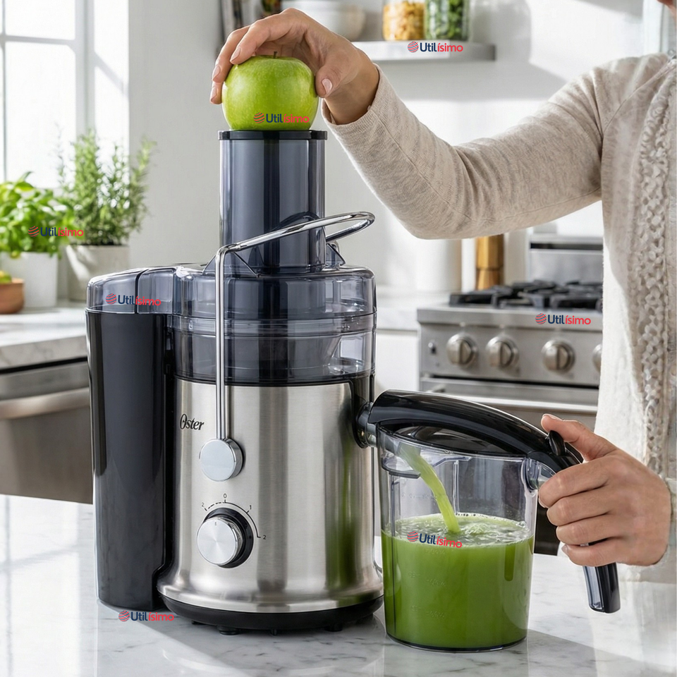 Oster® Extractor de Jugos, con 2 Velocidades + Pulso, y Fácil de Limpiar, Negro y Plateado, FPSTJE320S