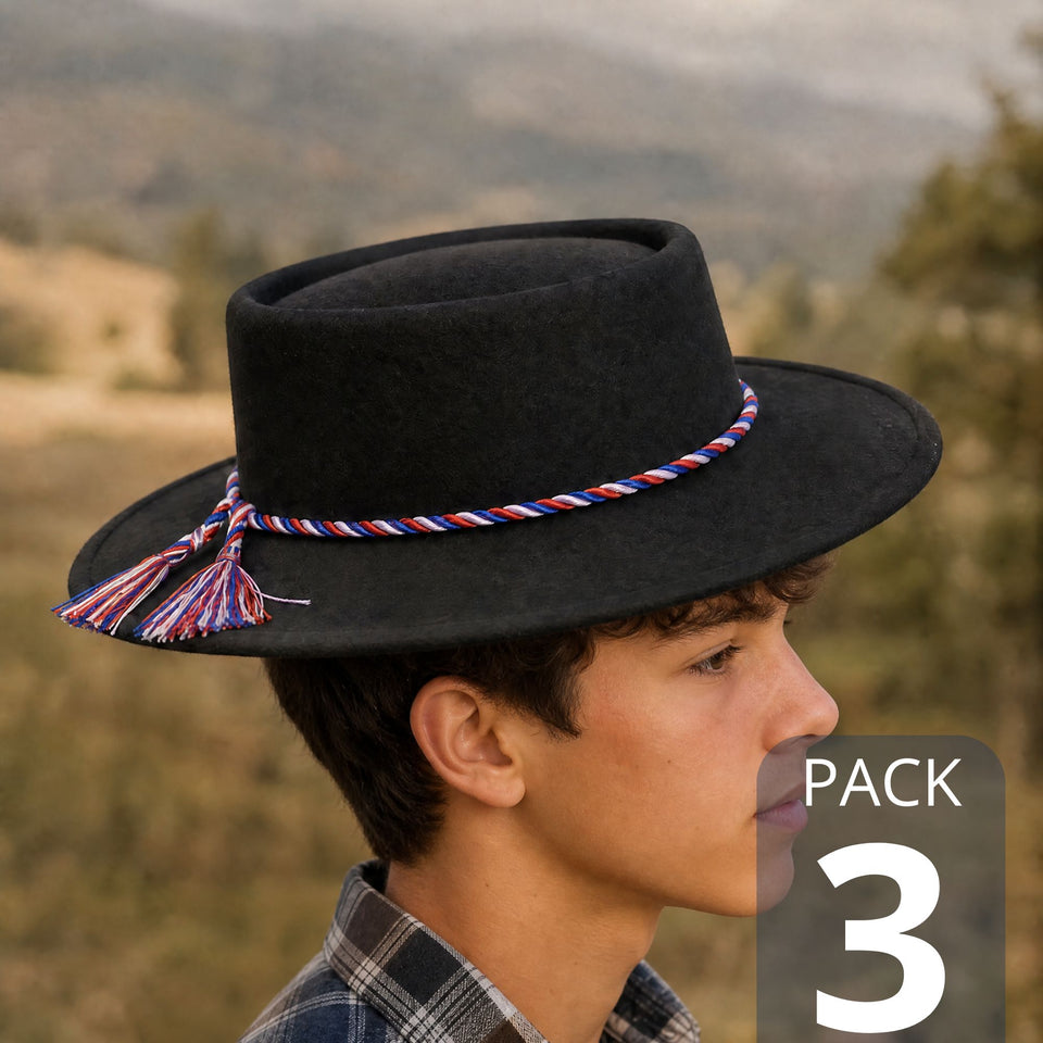 Pack 3 Sombrero Huaso Negro Tradicional Bandera Chile Fiestas Patrias