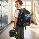 Mochila Escolar Kit Con Estuche y Lonchera 43cm Tela Oxford Rock Star Niño