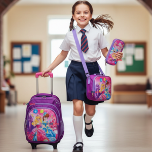 Mochila Escolar Con Ruedas + Estuche + Lonchera Poliéster Princesas Niña
