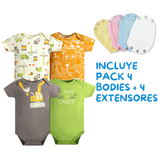 Pack 4 Unidades Extensor Body Bebé +Pack 4 Bodys Algodón Niño Manga Corta Estampado Transporte