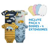 Pack 4 Unidades Extensor Body Bebé +Pack 4 Bodys Algodón Niño Manga Corta Autos Amarillos