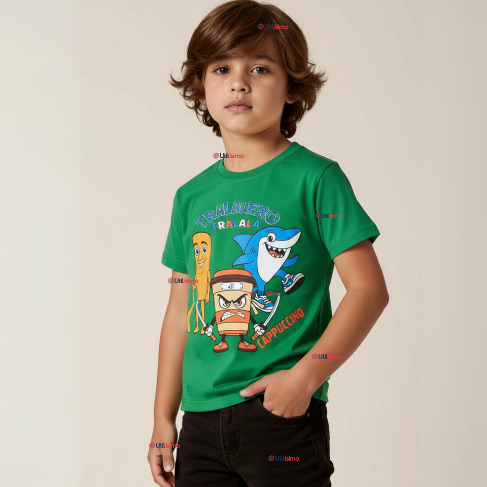 Polera Brainrots 100% Algodón Manga Corta Niño Tralalero Verde