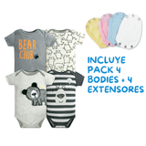 Pack 4 Unidades Extensor Body Bebé +Pack 4 Bodys Algodón Niño Manga Corta Bear Club