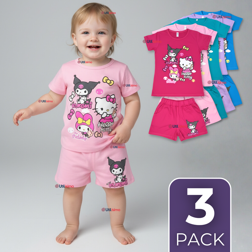 Pack 3 Conjunto Sanrio 100% Algodón Polera Pantalón Corto Niña Kuromi Hello Kitty My Melody