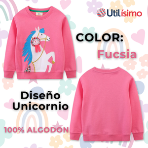 Polerón Cuello Redondo Niña Fucsia Unicornio