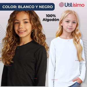 Pack 3 Camisetas Algodón Manga Larga Polera Niña Primera Capa Cuello Redondo Negro y Blanca