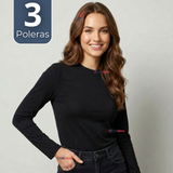 Pack 3 Camisetas Poleras Bambú Primera Capa Negro Manga Larga Mujer