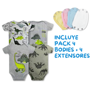 Pack 4 Unidades Extensor Body Bebé +Pack 4 Bodys Algodón Niño Manga Corta Dinosaurios Animados
