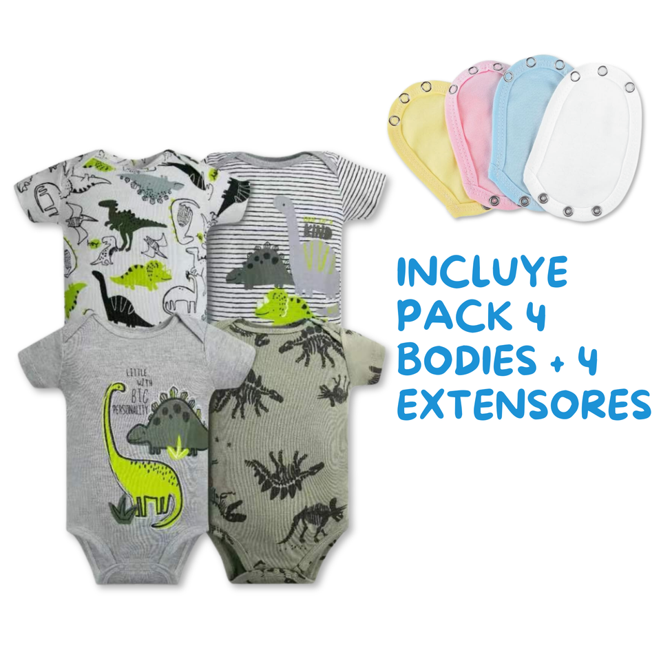 Pack 4 Unidades Extensor Body Bebé +Pack 4 Bodys Algodón Niño Manga Corta Dinosaurios Animados