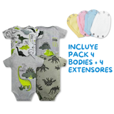 Pack 4 Unidades Extensor Body Bebé +Pack 4 Bodys Algodón Niño Manga Corta Dinosaurios Animados