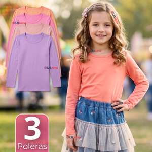 Pack 3 Camisetas Poleras Bambú Cuello Redondo Primera Capa Manga Larga Colores Surtido Niña