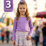 Pack 3 Camisetas Poleras Bambú Cuello Redondo Lila Primera Capa Manga Larga Niña