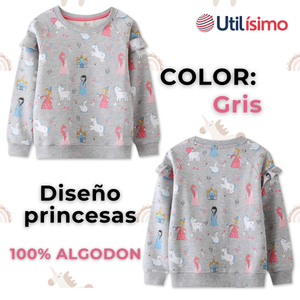Polerón Algodón Cuello Redondo Niña Gris Princesas