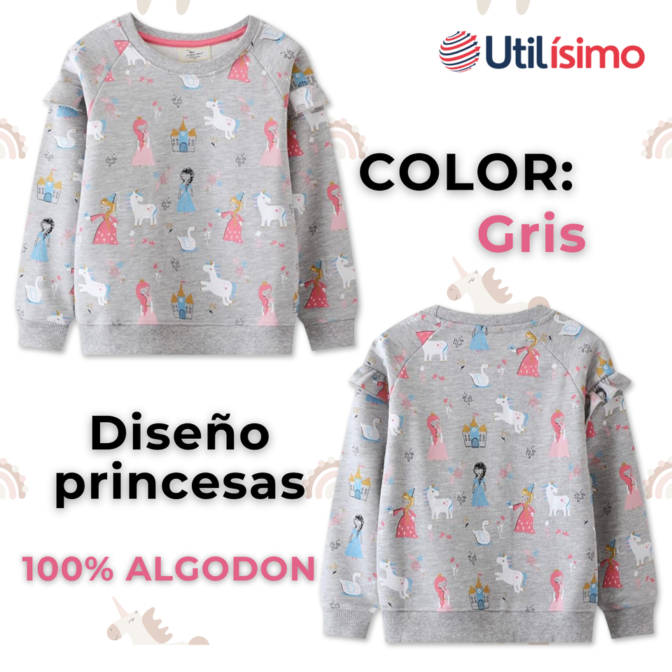 Polerón Algodón Cuello Redondo Niña Gris Princesas